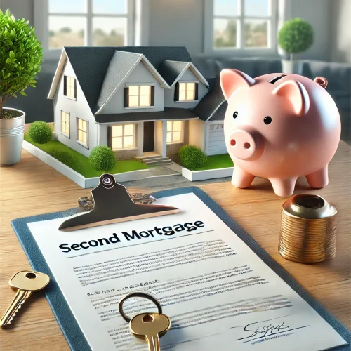 DALL·E 2024-06-24 15.50.39 - A realistic image illustrating the concept of a Second Mortgage. The image should show a beautiful house with keys in front, a contract labeled 'Secon